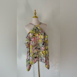 INC Floral Halter Neck Ruffle Lons Sleeve Top Size XL